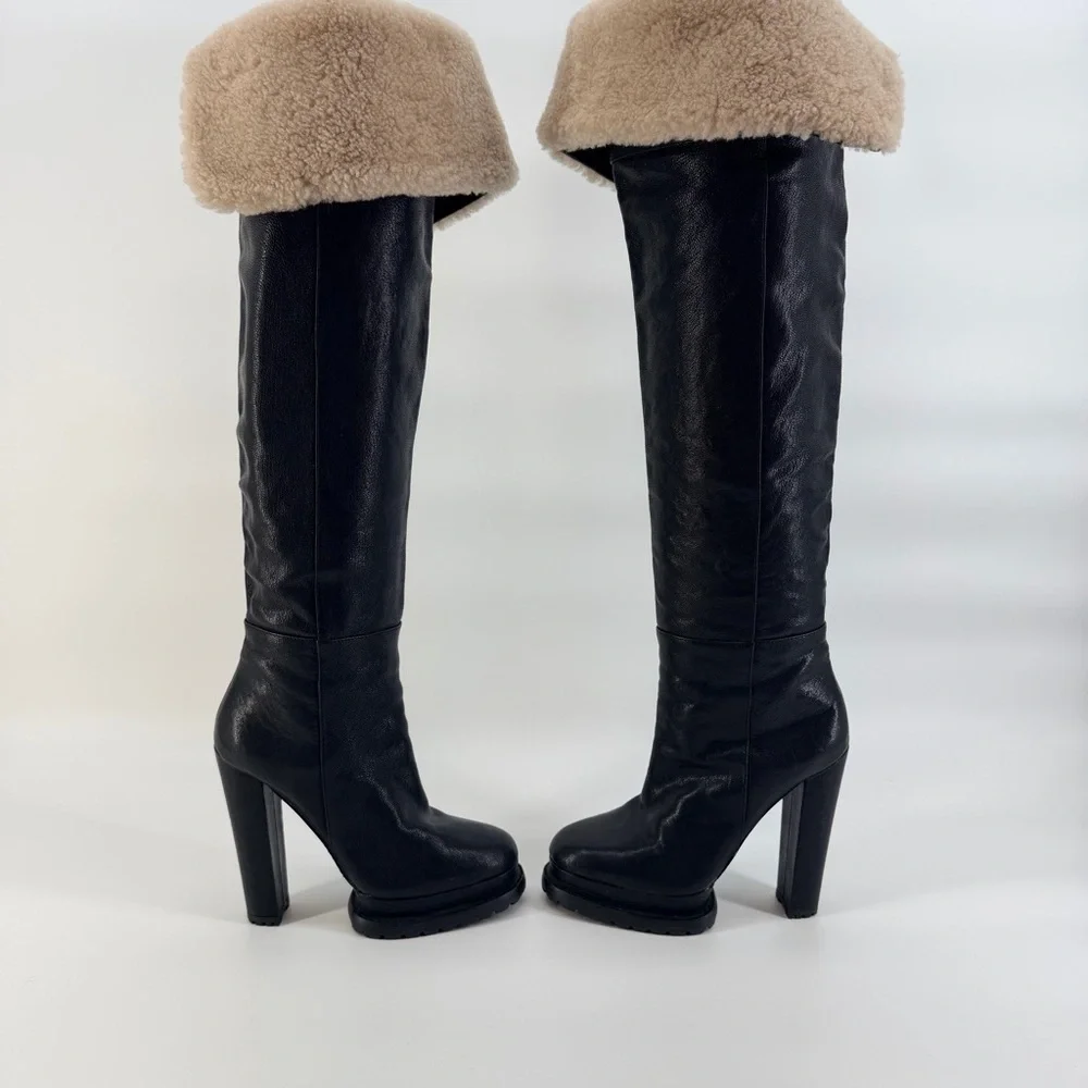 Alice + Olivia Leather Black and Cream Over the Knee Boots with shearling lining